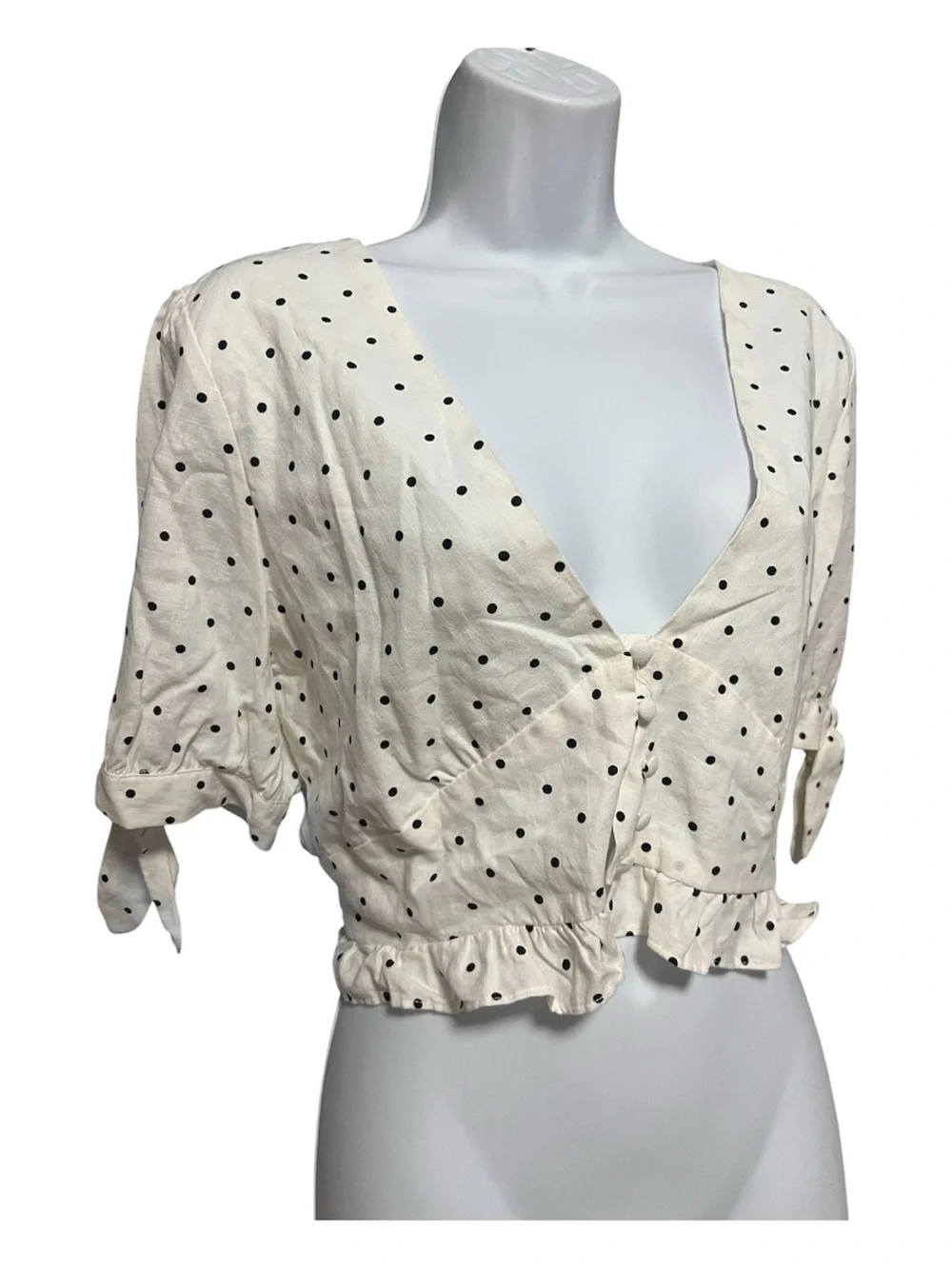 Zara White Polka Dot Tie-Front Puff Sleeve Top size Large